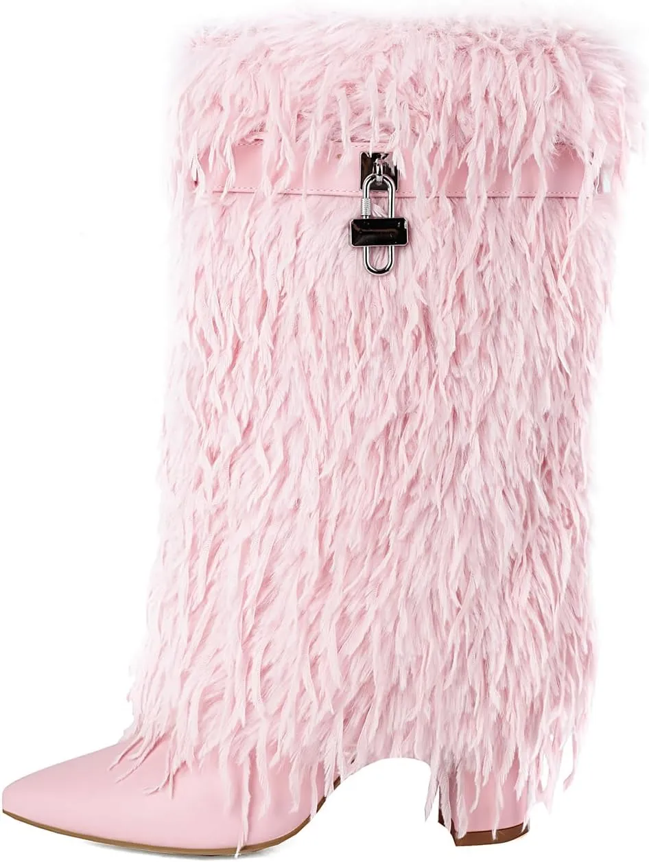 Women Fold Over Faux Fur Mid Calf Boots Chunky Heel Point Toe Shark Boot Fashion Pull On Short Booties with Padlock