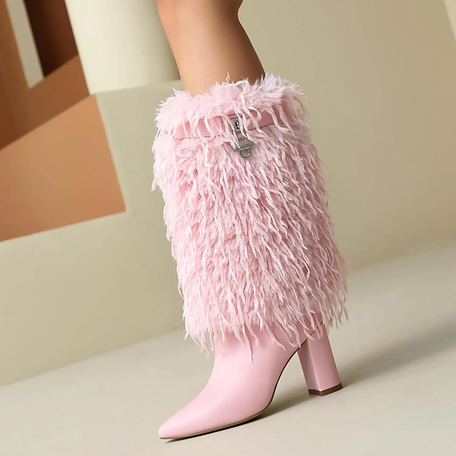 Women Fold Over Faux Fur Mid Calf Boots Chunky Heel Point Toe Shark Boot Fashion Pull On Short Booties with Padlock