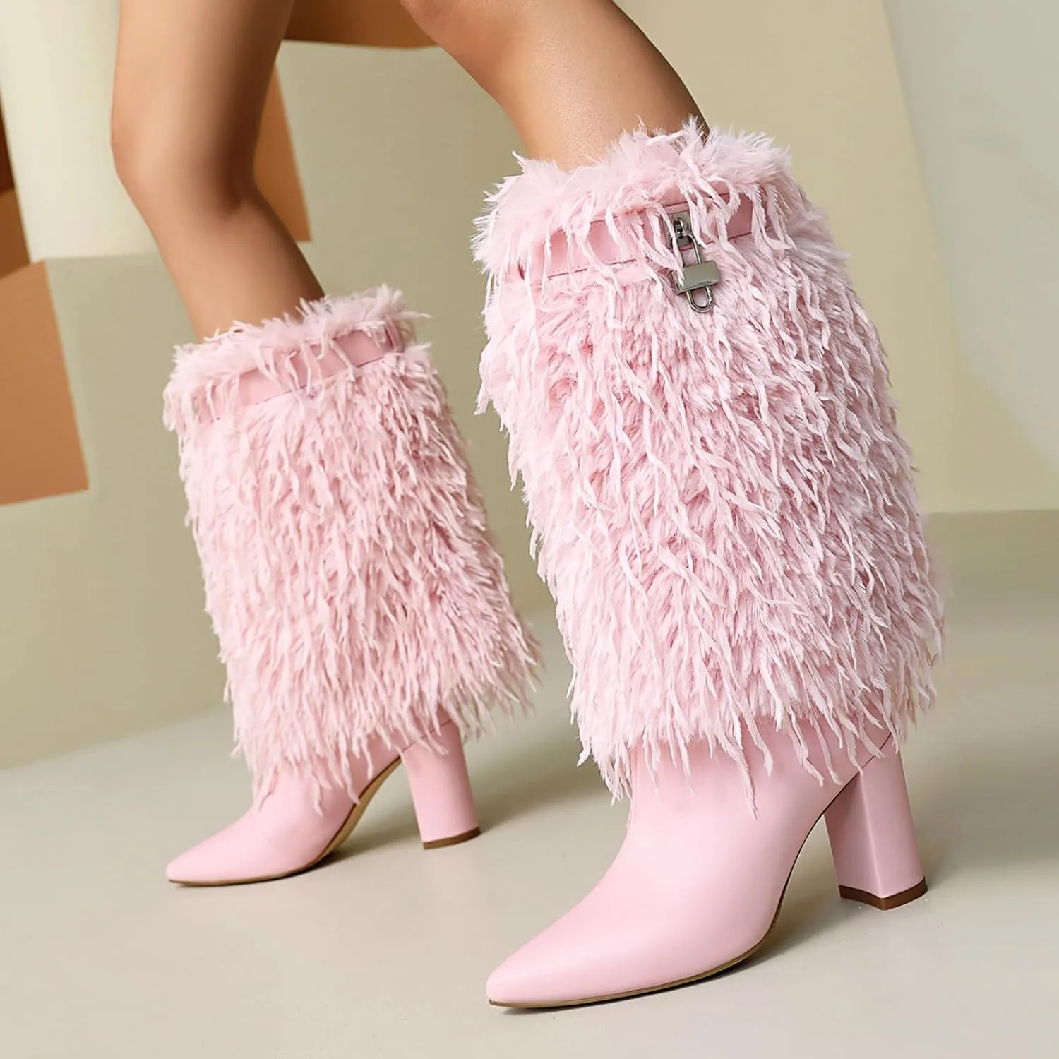 Women Fold Over Faux Fur Mid Calf Boots Chunky Heel Point Toe Shark Boot Fashion Pull On Short Booties with Padlock