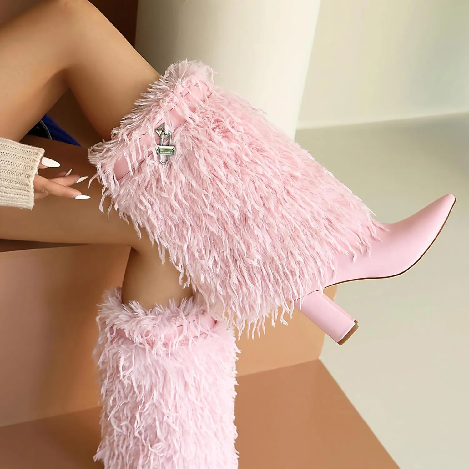 Women Fold Over Faux Fur Mid Calf Boots Chunky Heel Point Toe Shark Boot Fashion Pull On Short Booties with Padlock