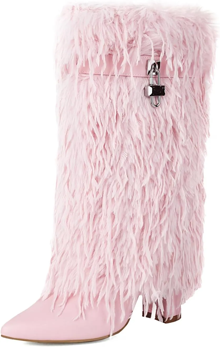Women Fold Over Faux Fur Mid Calf Boots Chunky Heel Point Toe Shark Boot Fashion Pull On Short Booties with Padlock