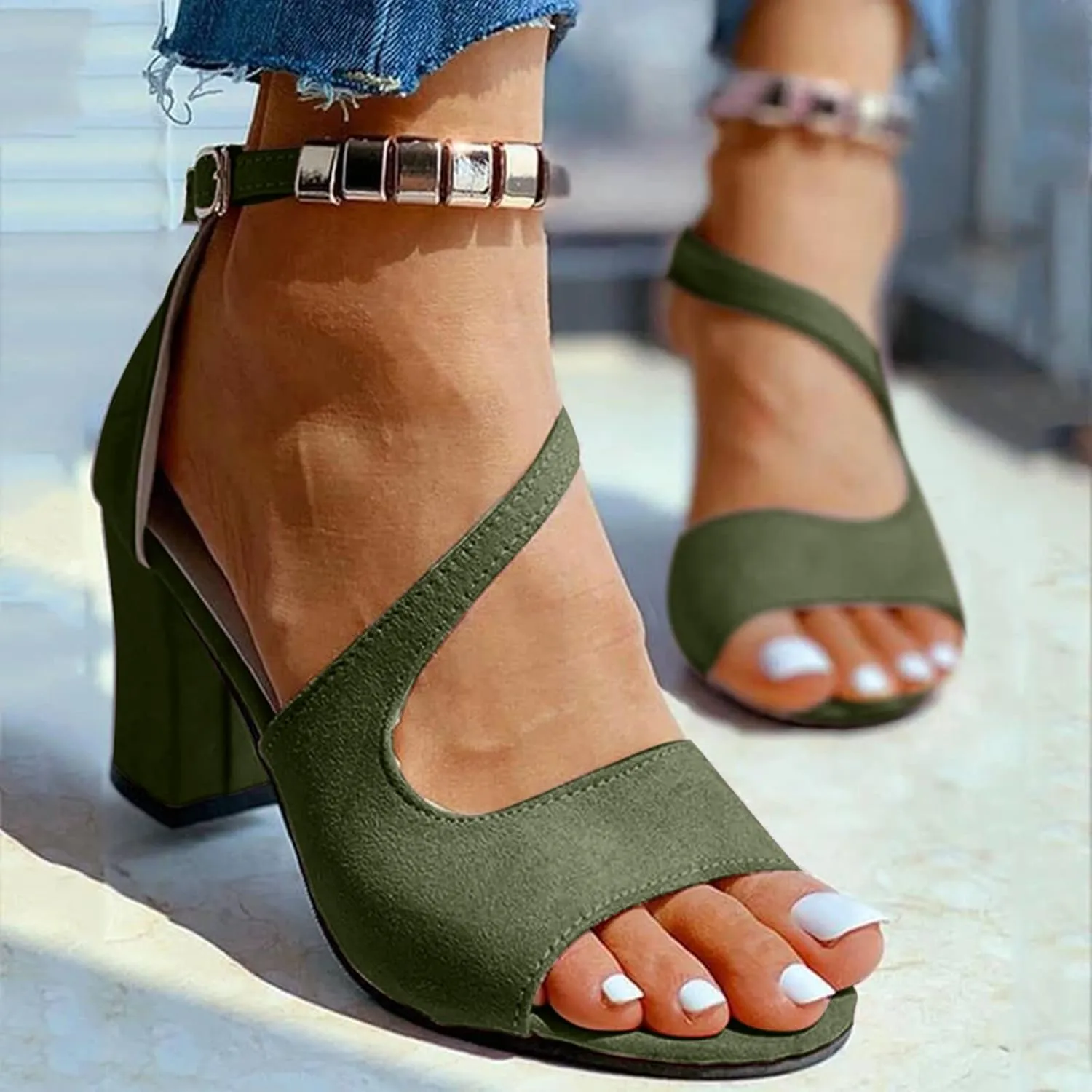 Women High Heels Sandals Open Toe Square Toe Strappy Chunky Heel Ankle Strap Shoes