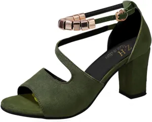 Women High Heels Sandals Open Toe Square Toe Strappy Chunky Heel Ankle Strap Shoes