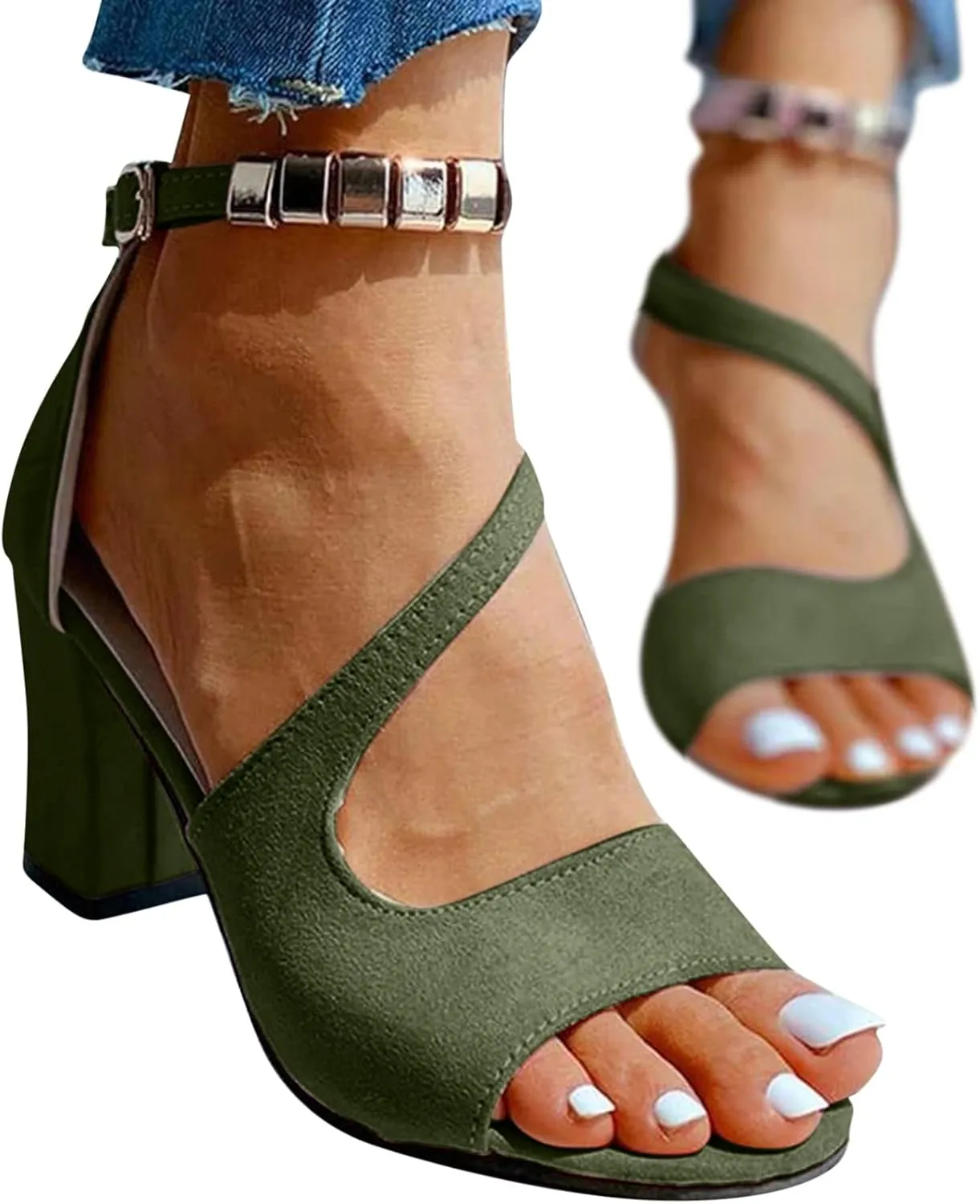 Women High Heels Sandals Open Toe Square Toe Strappy Chunky Heel Ankle Strap Shoes