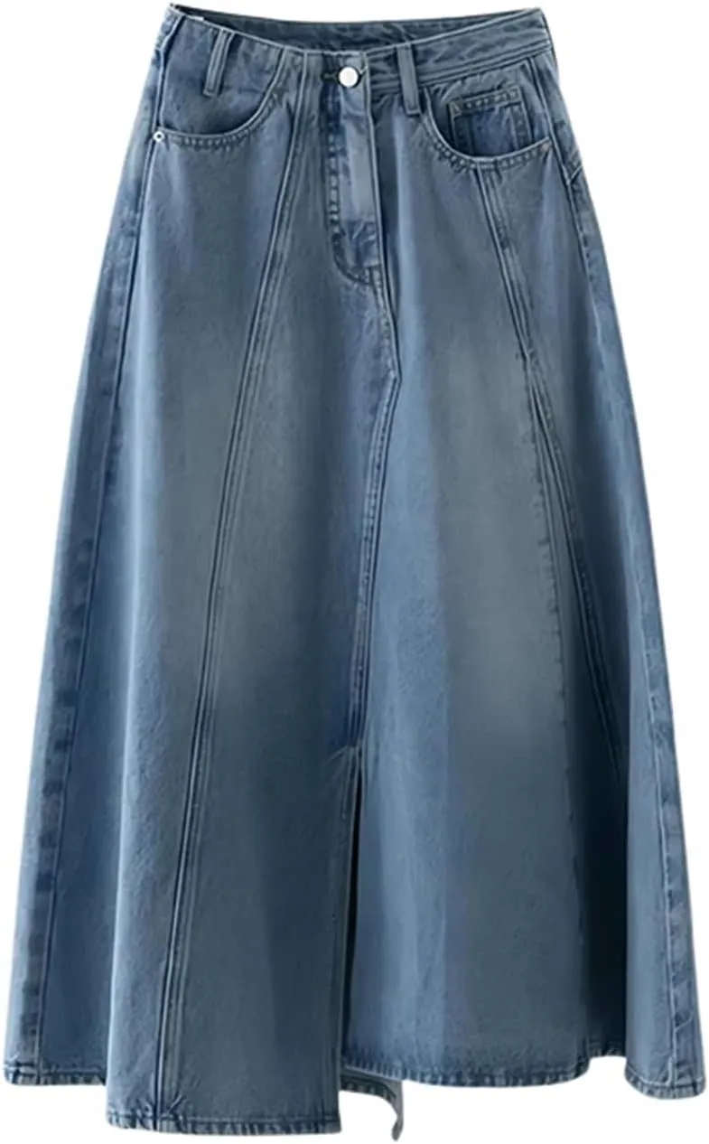 Women High Waist A-Line Long Denim Skirt Spring Summer Casual Midi Skirt