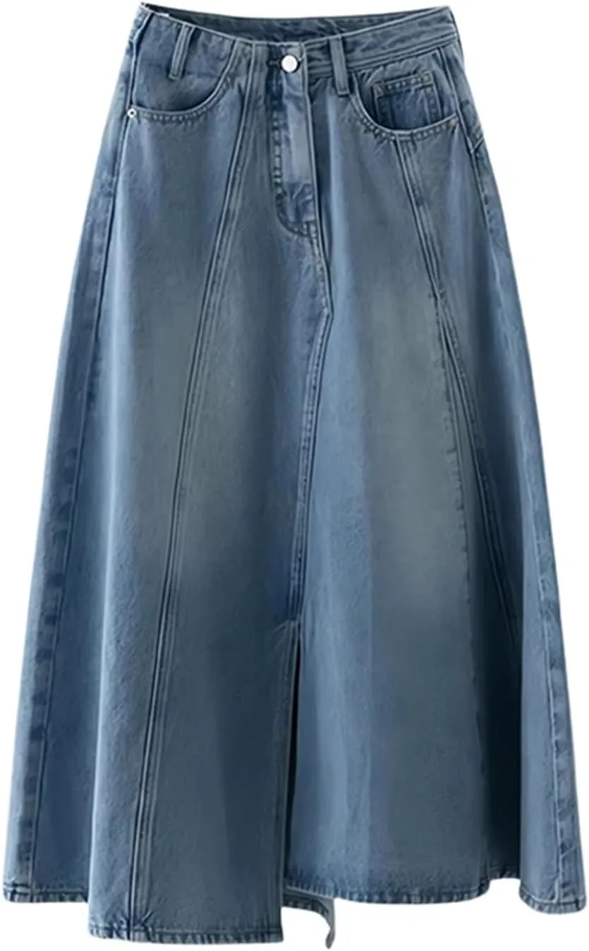 Women High Waist A-Line Long Denim Skirt Spring Summer Casual Midi Skirt