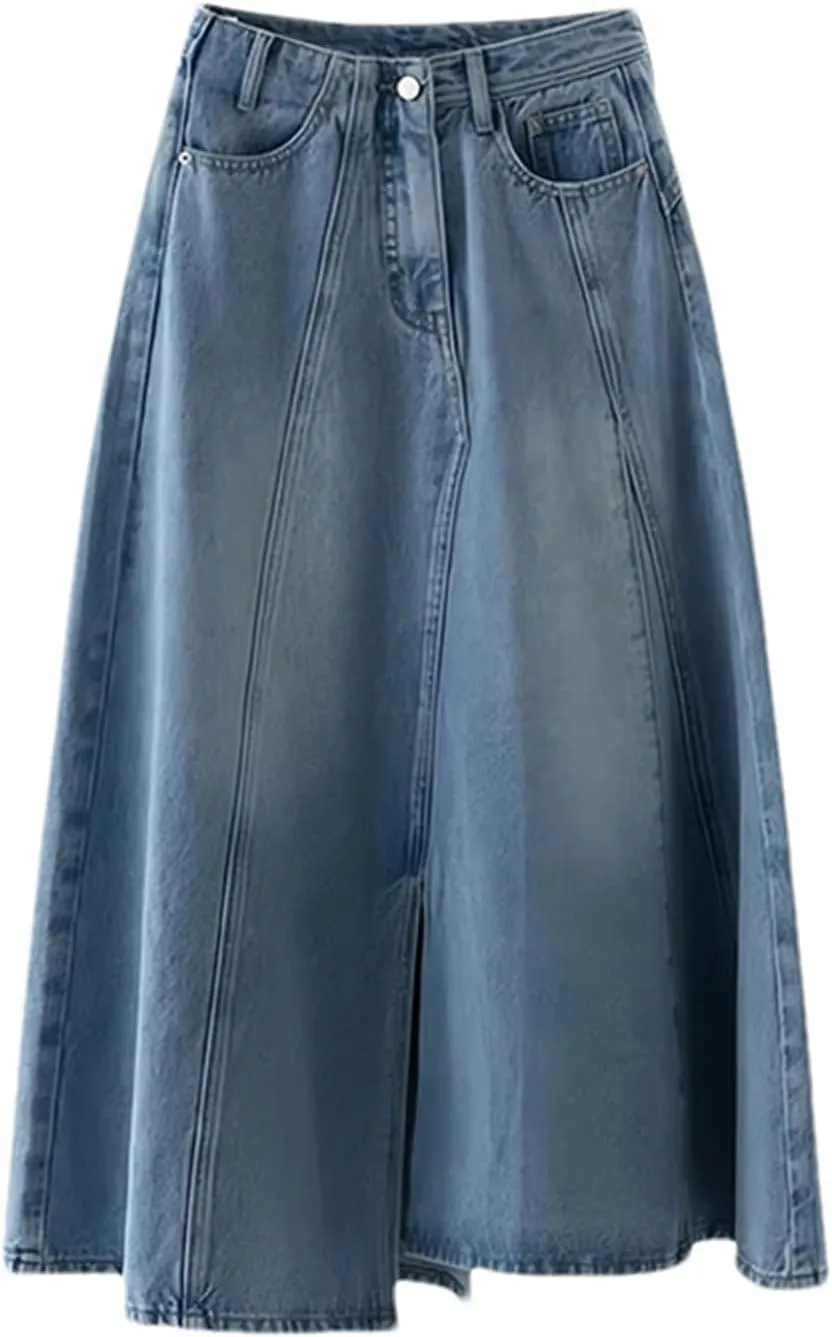 Women High Waist A-Line Long Denim Skirt Spring Summer Casual Midi Skirt