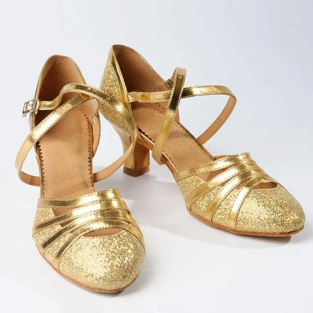 Women Latin Dance Shoes Closed Toe Ballroom Shoes Glitter Tango Shoe Low Heel Dress Sandals for Performence Party