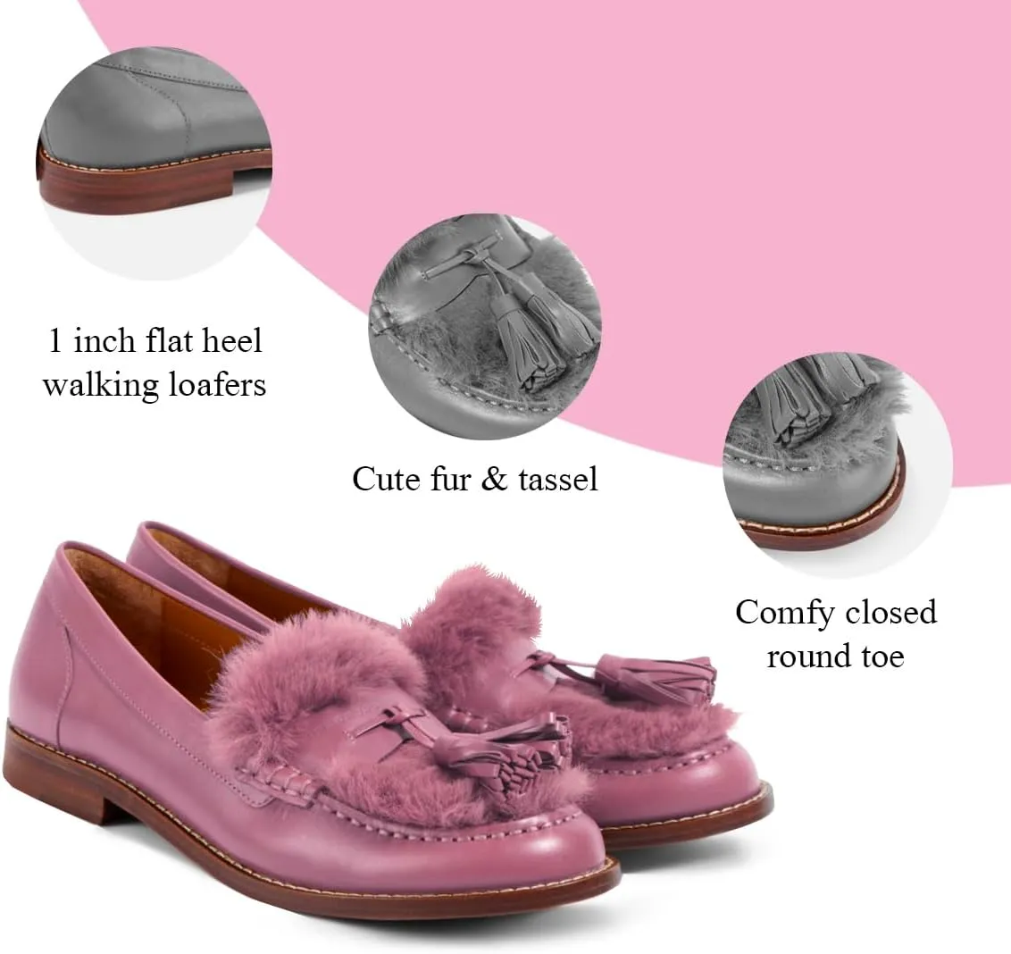 Women Low Chunky Heel Loafer Shoes Tassel Fluffy Round Toe Slip On Dress Loafers Fringe 1 Inch Block Low Heel Dress Shoes Fur Penny Loafers Comfort Office Shoes Classic 4-11 M US