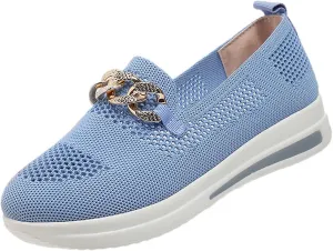 Women Metal Chain Slip On Platform Tennis Sneakers Casual Mesh Breathable Low Top Flats Loafers Comfortable Lightweight Walking Shoes
