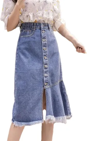 Women Midi High Waist A-Line Denim Skirt Slim Fit Bodycon Spring Summer Fashion Jean Skirt