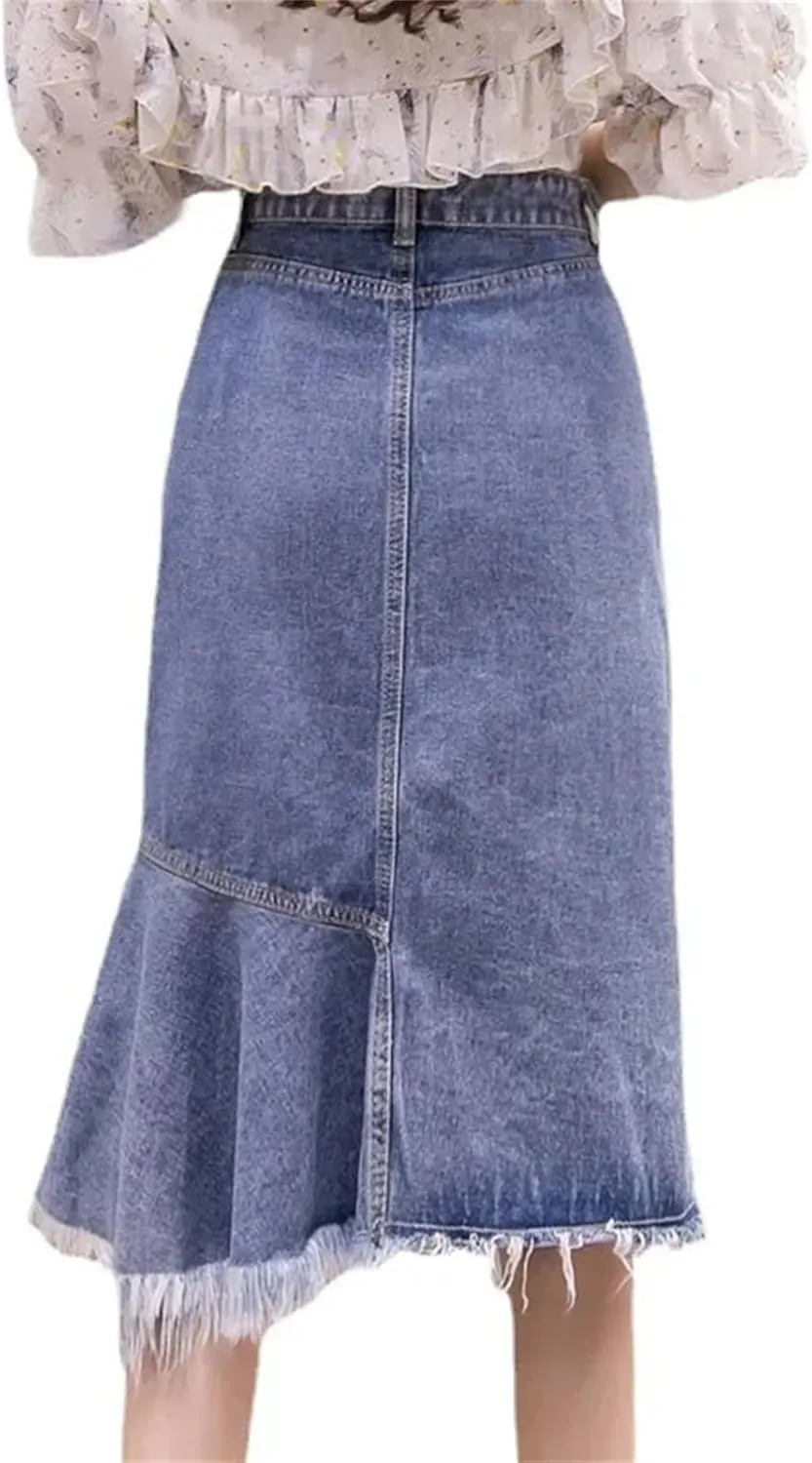 Women Midi High Waist A-Line Denim Skirt Slim Fit Bodycon Spring Summer Fashion Jean Skirt