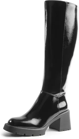Women Platform Knee High Boots with Chunky Heel, Square Toe Fashion Tall Boots with Lug Sole and Side Zipper