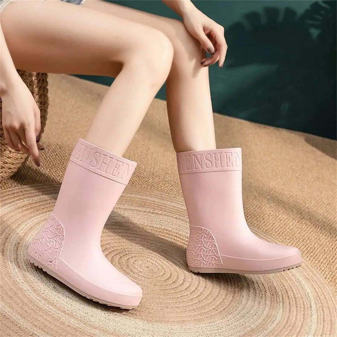Women Rain Boots Mid-Calf Waterproof Wearresistant Working Water-Proof Shoes Cotton Plus Warm