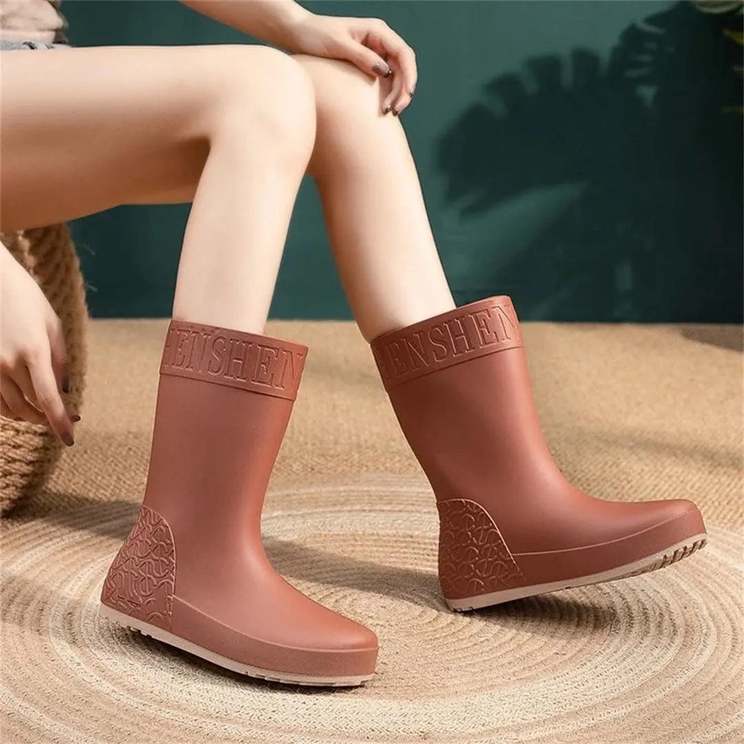 Women Rain Boots Mid-Calf Waterproof Wearresistant Working Water-Proof Shoes Cotton Plus Warm