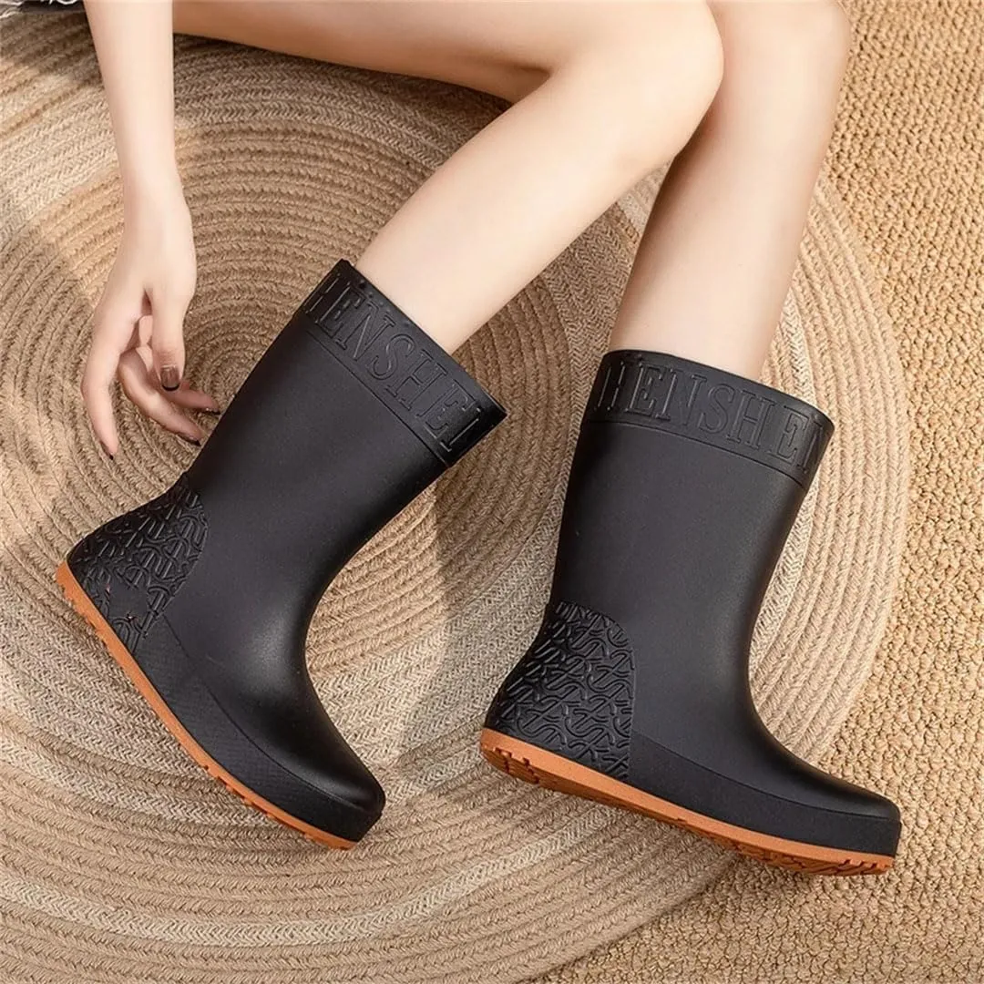 Women Rain Boots Mid-Calf Waterproof Wearresistant Working Water-Proof Shoes Cotton Plus Warm