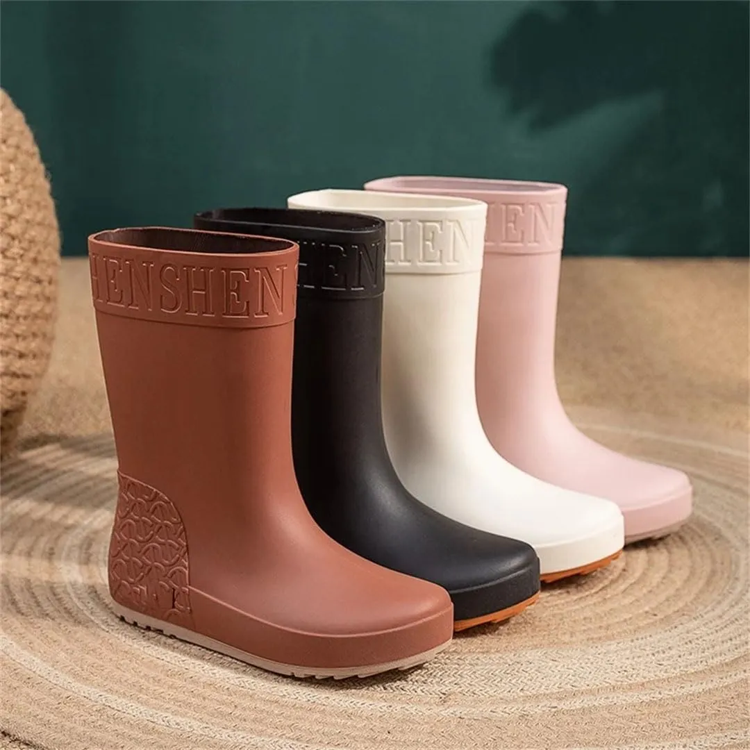 Women Rain Boots Mid-Calf Waterproof Wearresistant Working Water-Proof Shoes Cotton Plus Warm