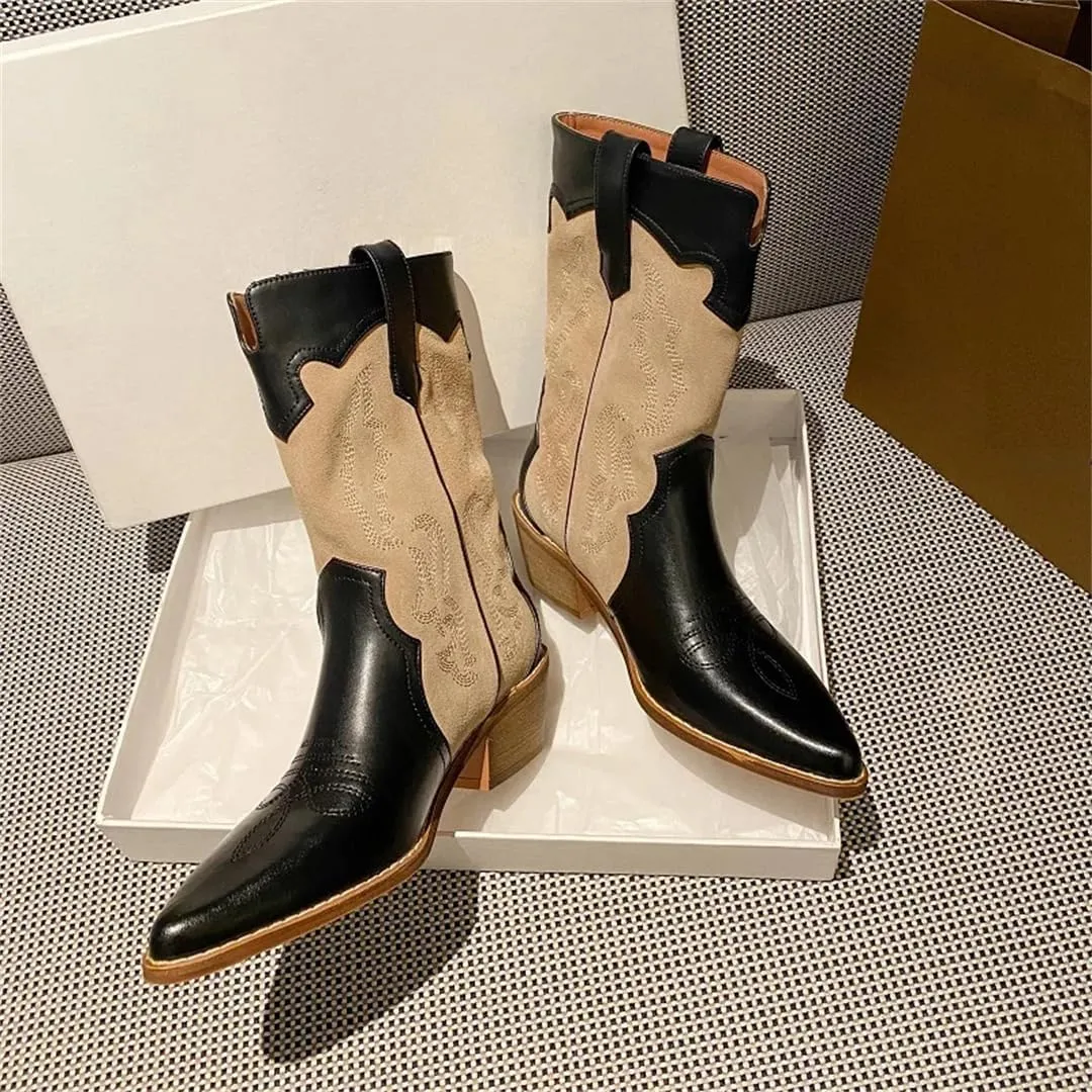 Women Winter Warm Fleece Western Boots Retro Embroidered Patchwork Ankle Cowgirl Boots Chunky Heel Street Shoes