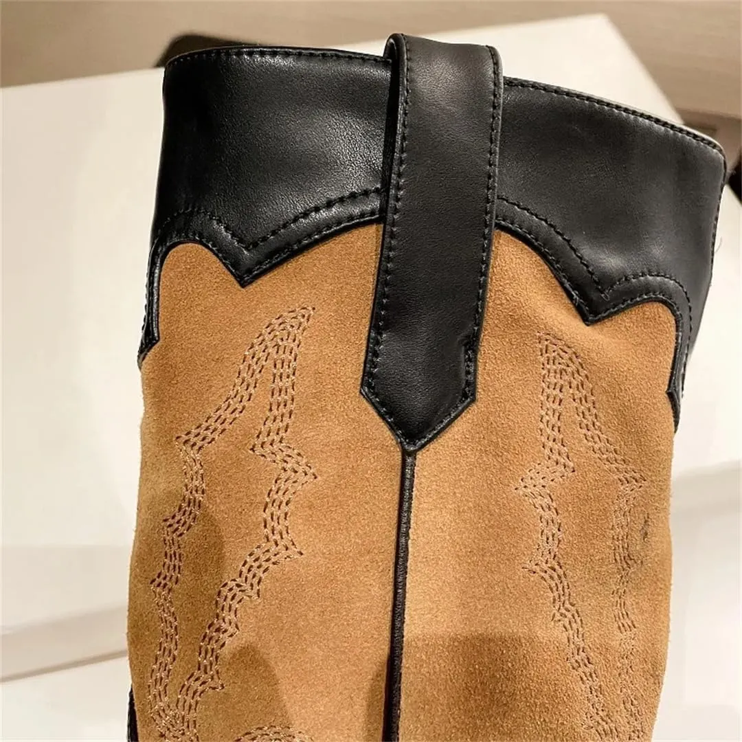 Women Winter Warm Fleece Western Boots Retro Embroidered Patchwork Ankle Cowgirl Boots Chunky Heel Street Shoes
