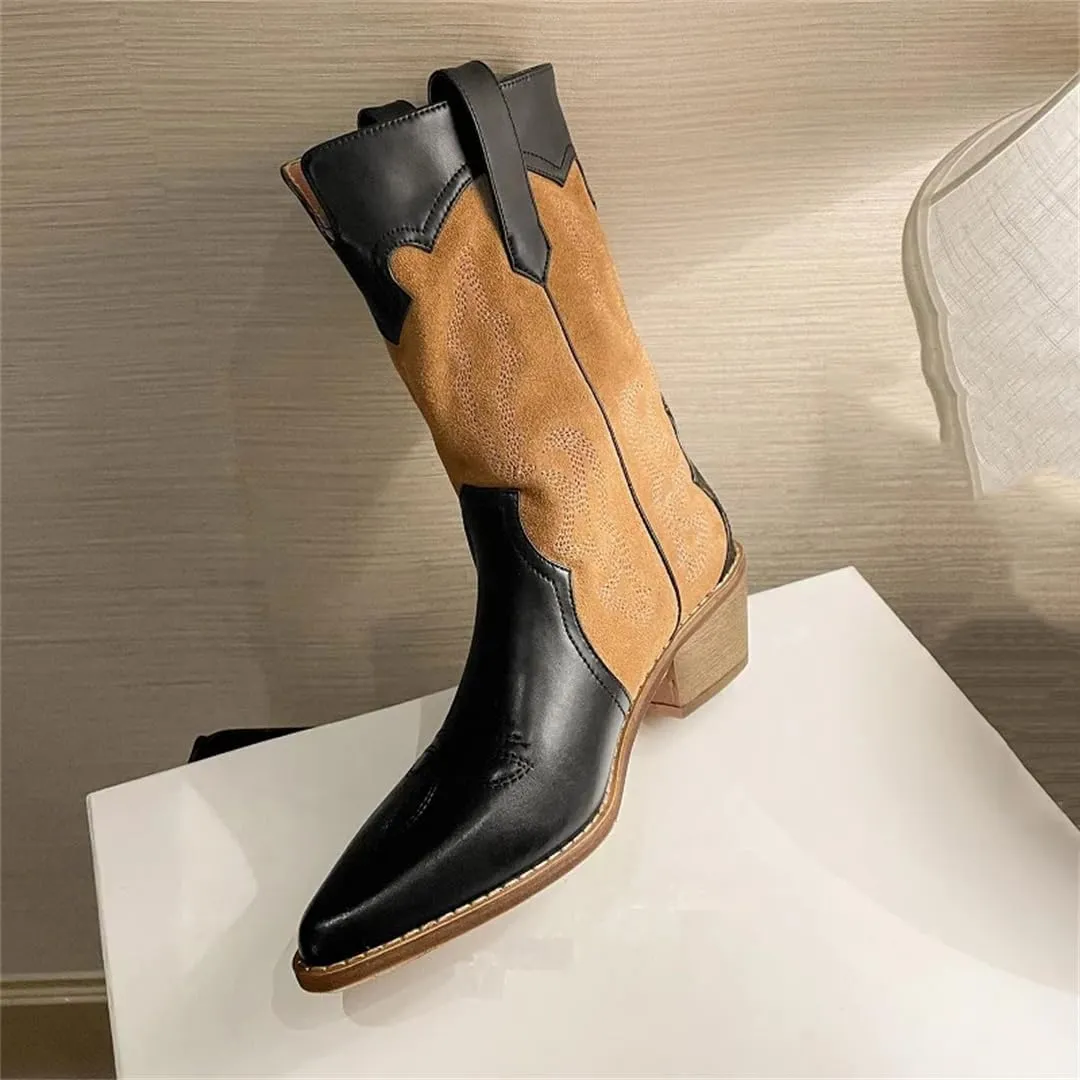 Women Winter Warm Fleece Western Boots Retro Embroidered Patchwork Ankle Cowgirl Boots Chunky Heel Street Shoes