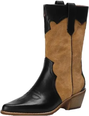 Women Winter Warm Fleece Western Boots Retro Embroidered Patchwork Ankle Cowgirl Boots Chunky Heel Street Shoes