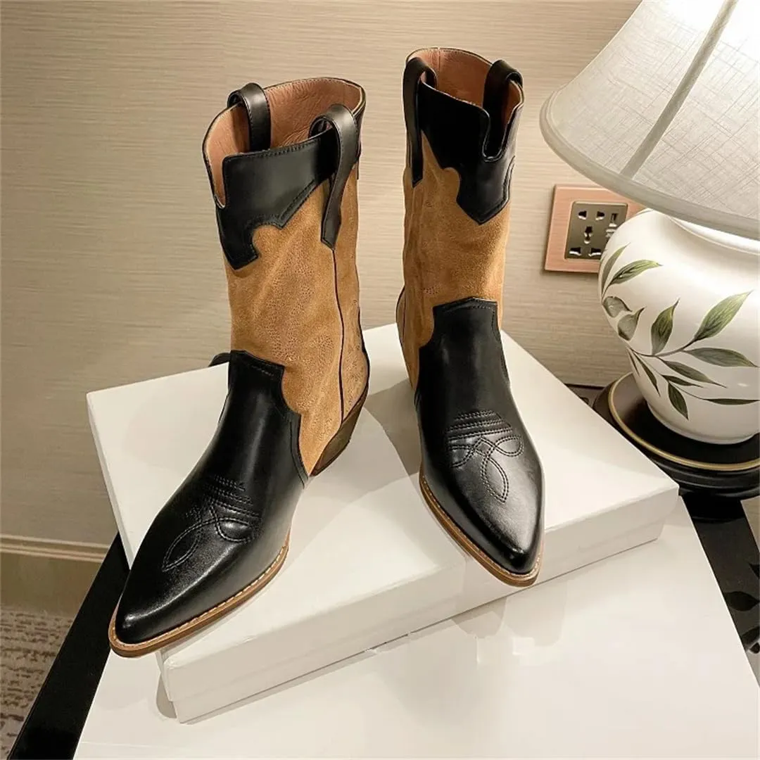 Women Winter Warm Fleece Western Boots Retro Embroidered Patchwork Ankle Cowgirl Boots Chunky Heel Street Shoes