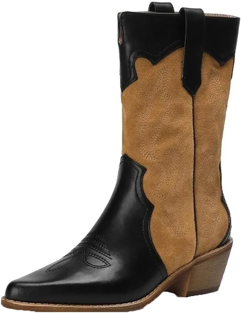 Women Winter Warm Fleece Western Boots Retro Embroidered Patchwork Ankle Cowgirl Boots Chunky Heel Street Shoes