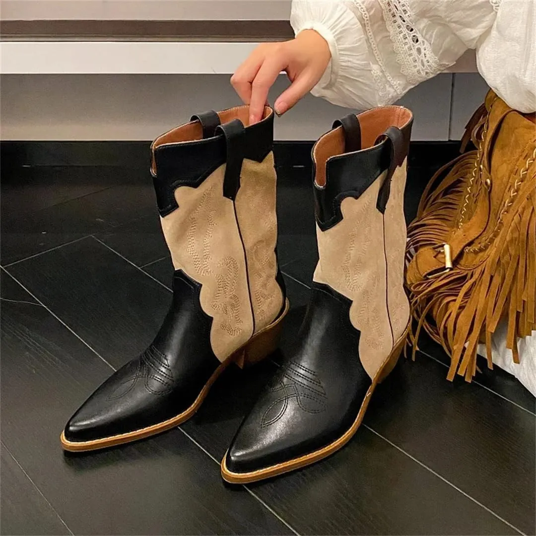 Women Winter Warm Fleece Western Boots Retro Embroidered Patchwork Ankle Cowgirl Boots Chunky Heel Street Shoes