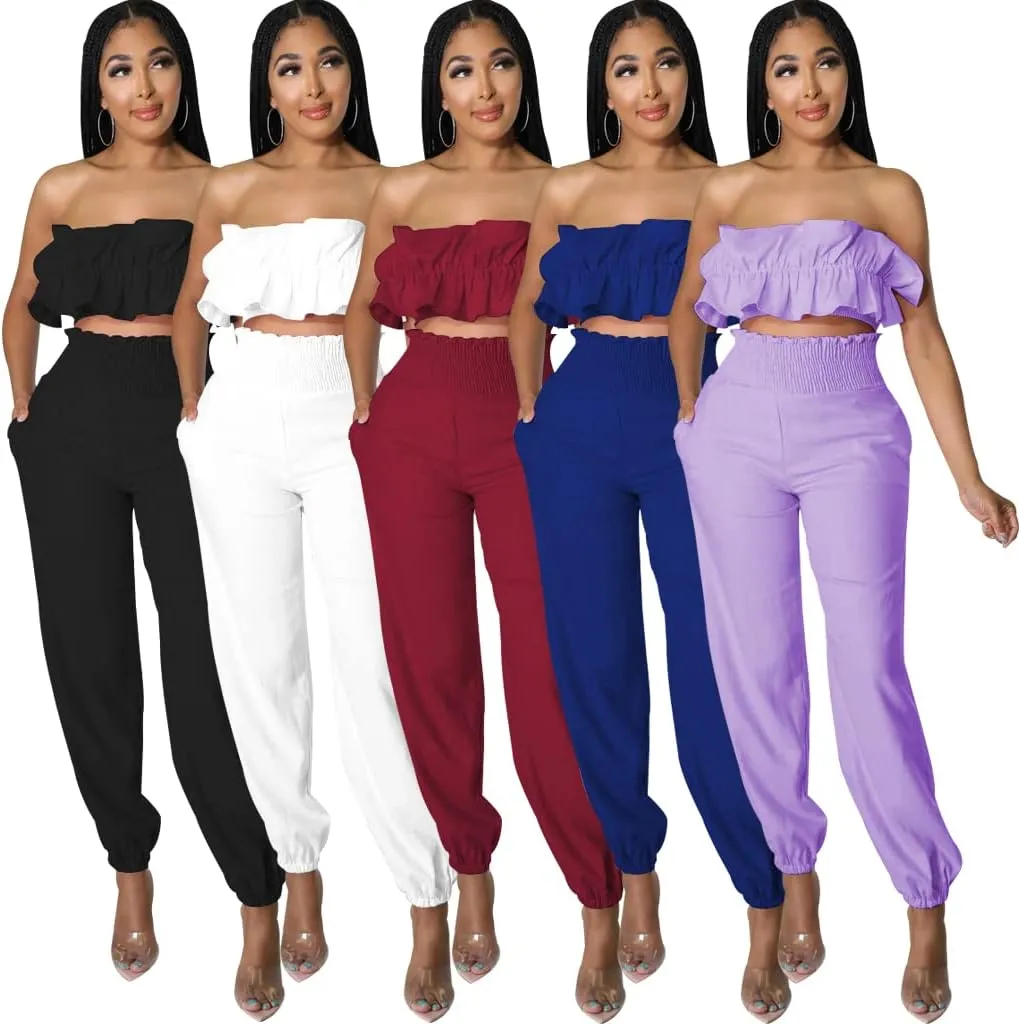 Womens 2 Piece Plus Size Outfits Sexy Summer Vacation Wide Leg Pants Set Beach Dressy Jumpsuits