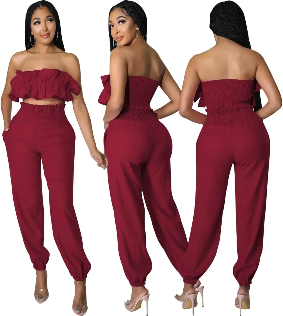 Womens 2 Piece Plus Size Outfits Sexy Summer Vacation Wide Leg Pants Set Beach Dressy Jumpsuits