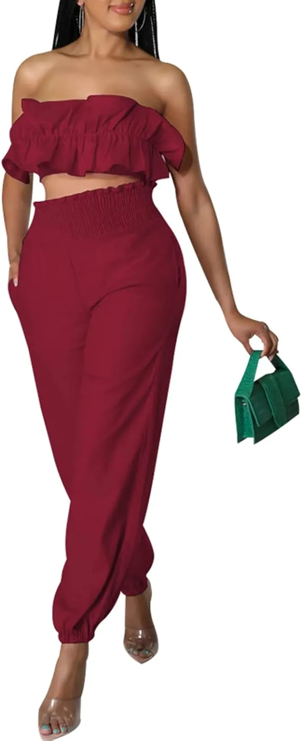 Womens 2 Piece Plus Size Outfits Sexy Summer Vacation Wide Leg Pants Set Beach Dressy Jumpsuits