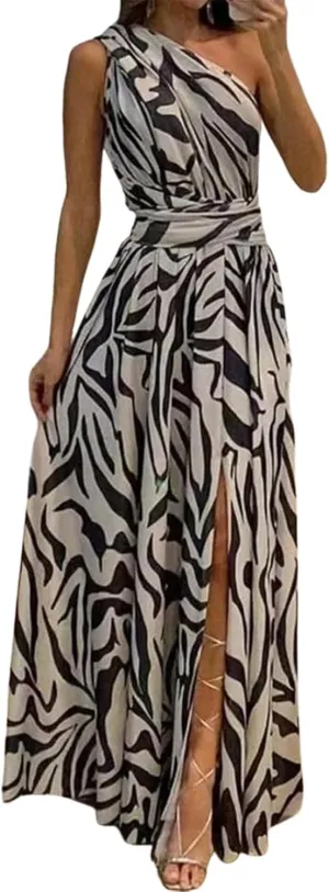 Women's 2025 Summer Striped Print One Shoulder High Waist Maxi Dress Fashion Casual Flowing Hem Side Slit Beach Dress