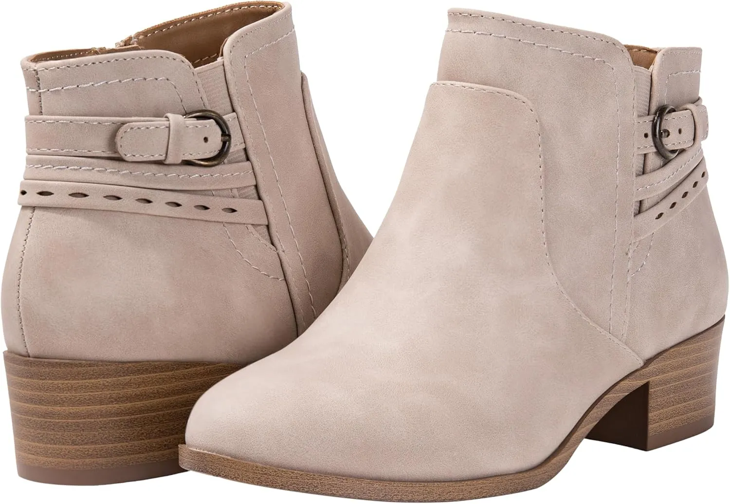Womens Ankle Boots Buckle Chunky Low Block Heel Side Zipper Round Toe Booties DIXIE