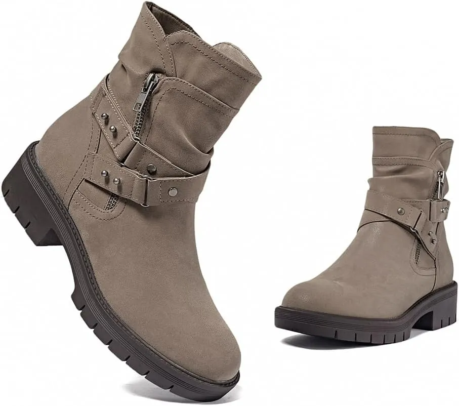 Women's Ankle Boots Combat Boots, Casual Comfortable Low Heel Side Zipper Booties for Women.