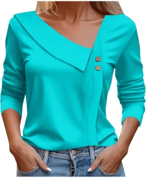 Womens Asymmetrical Neck Top 3/4 Sleeve Work Office Business Trendy Dressy Blouse Solid Color Slim Fit Casual Clothes