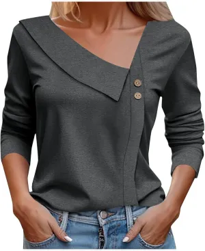 Womens Asymmetrical Neck Top 3/4 Sleeve Work Office Business Trendy Dressy Blouse Solid Color Slim Fit Casual Clothes
