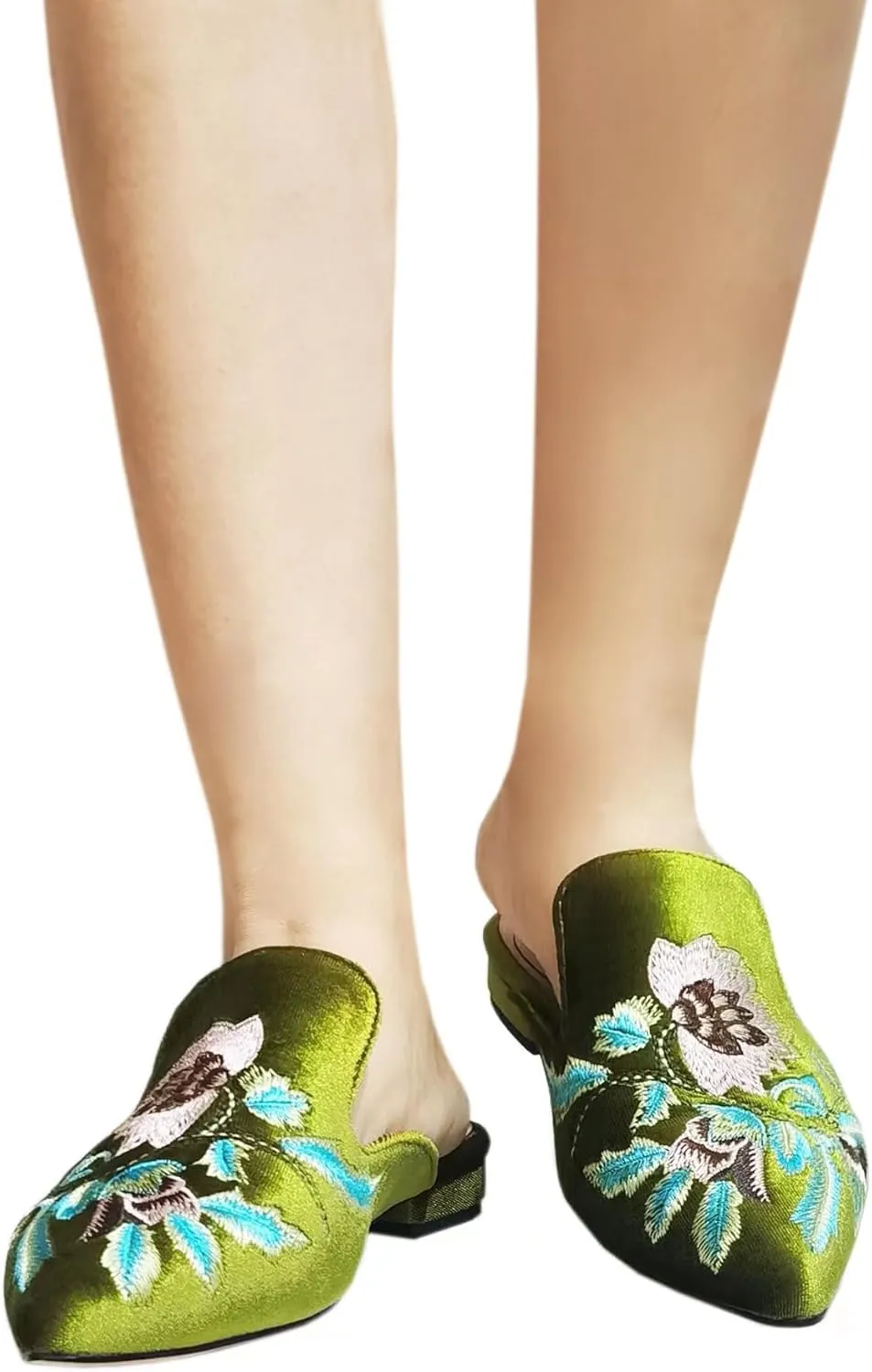 Women's Backless Comfort Slip On Casual Flats Embroidery Mule Slippers Shoes