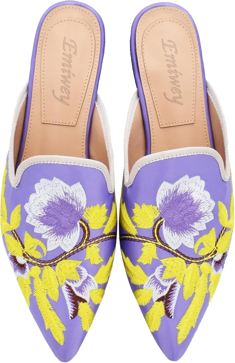 Women's Backless Comfort Slip On Casual Flats Embroidery Mule Slippers Shoes