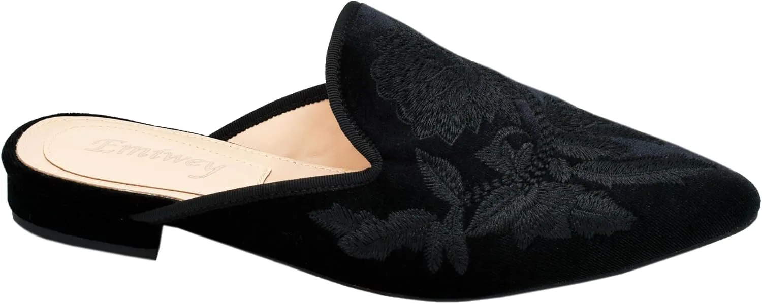 Women's Backless Comfort Slip On Casual Flats Embroidery Mule Slippers Shoes