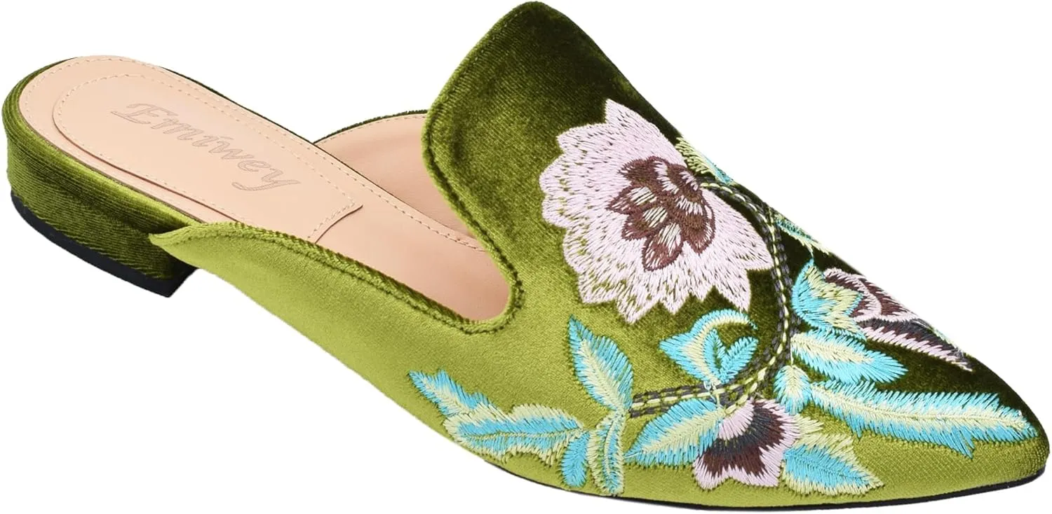 Women's Backless Comfort Slip On Casual Flats Embroidery Mule Slippers Shoes