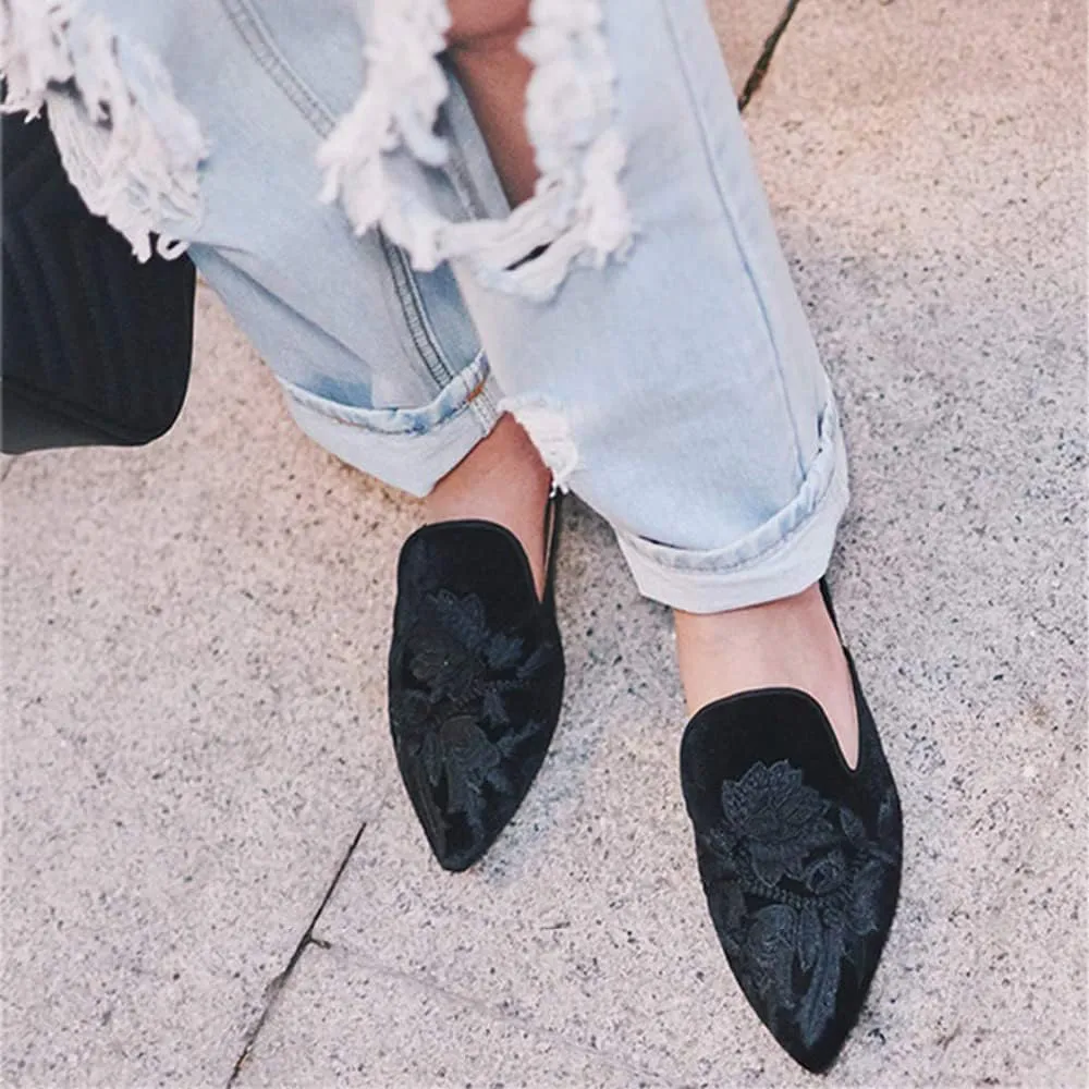 Women's Backless Comfort Slip On Casual Flats Embroidery Mule Slippers Shoes