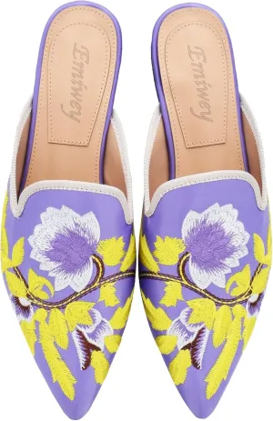 Women's Backless Comfort Slip On Casual Flats Embroidery Mule Slippers Shoes