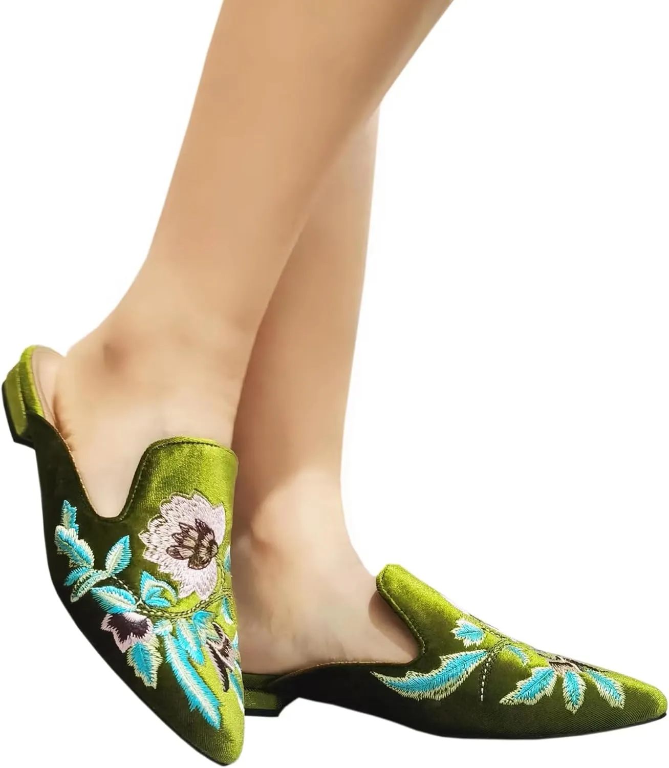 Women's Backless Comfort Slip On Casual Flats Embroidery Mule Slippers Shoes