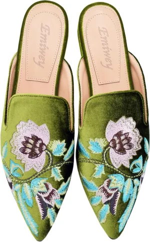 Women's Backless Comfort Slip On Casual Flats Embroidery Mule Slippers Shoes