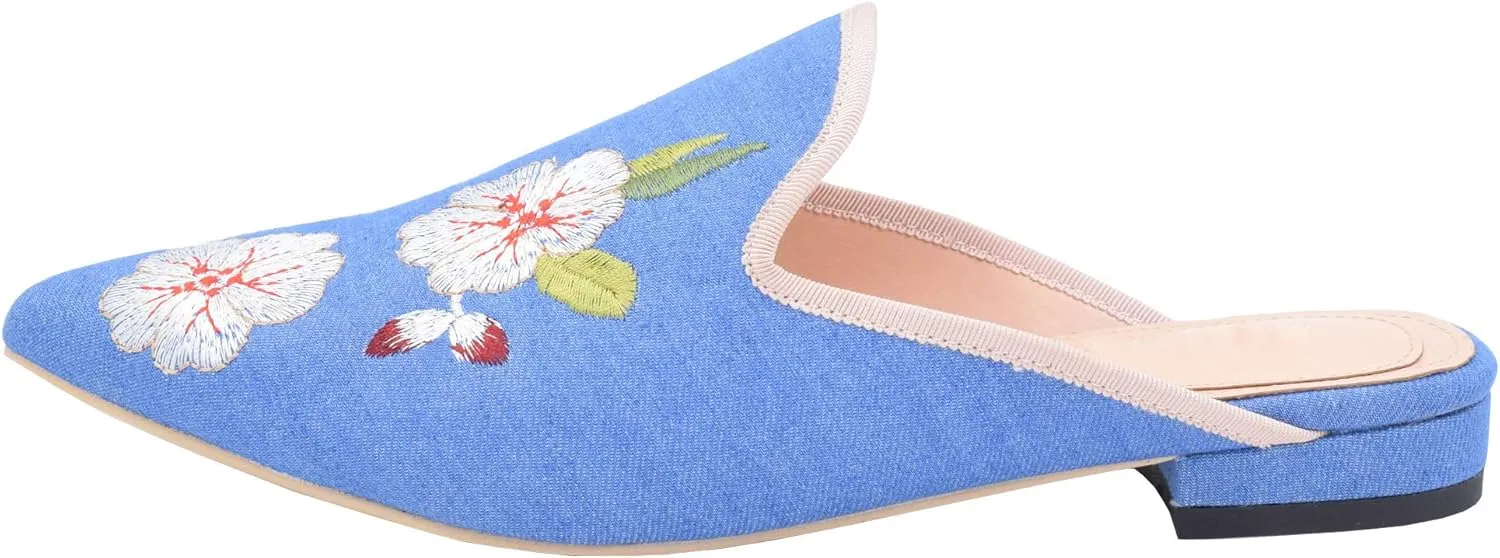 Women's Backless Comfort Slip On Casual Flats Embroidery Mule Slippers Shoes