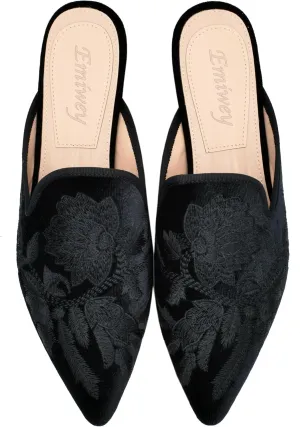 Women's Backless Comfort Slip On Casual Flats Embroidery Mule Slippers Shoes