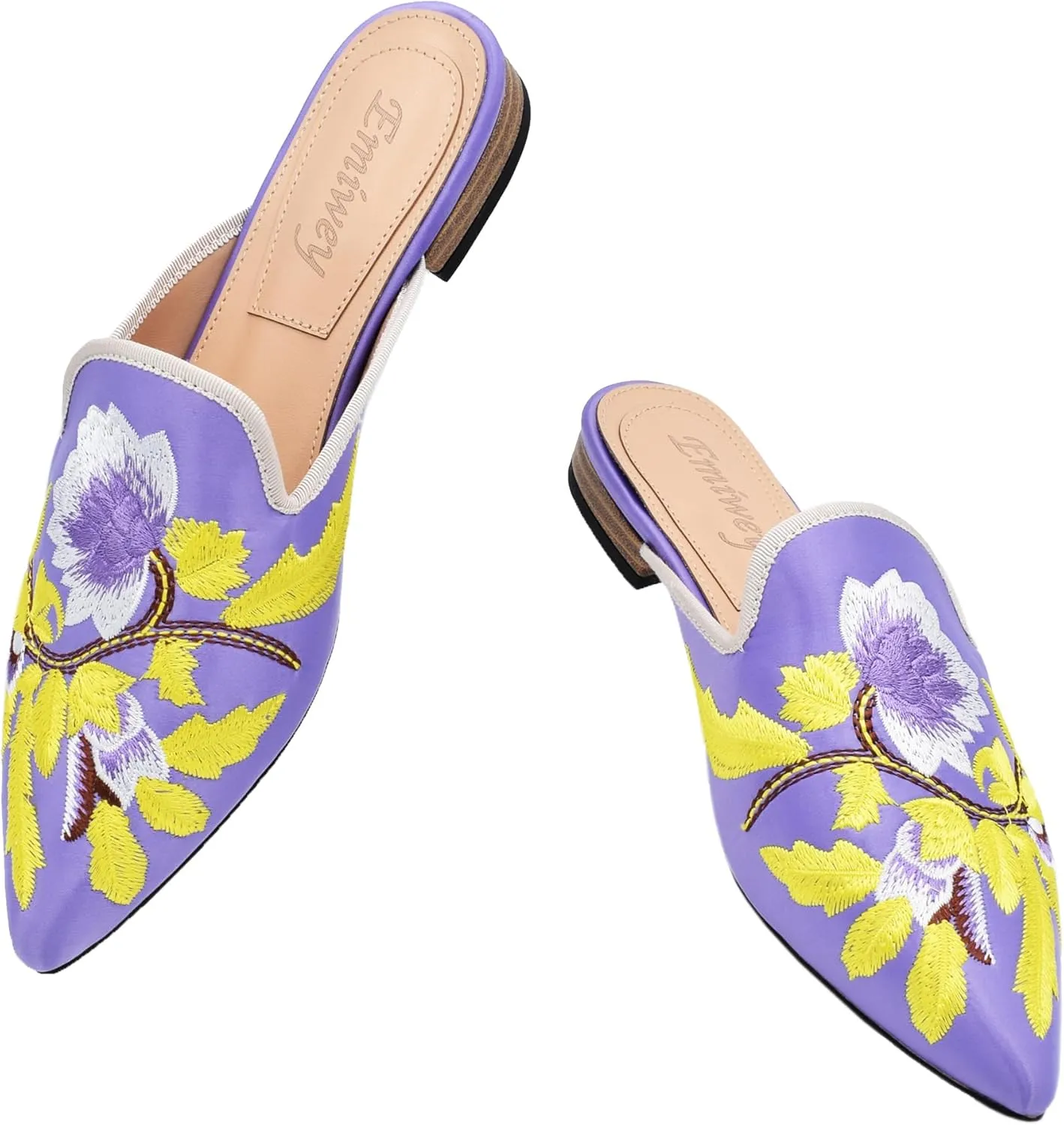 Women's Backless Comfort Slip On Casual Flats Embroidery Mule Slippers Shoes