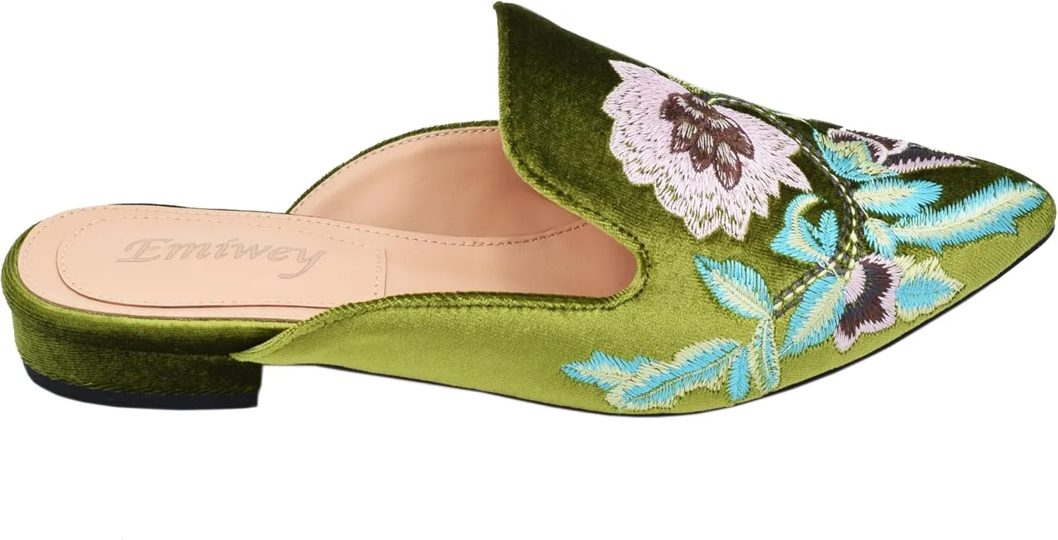 Women's Backless Comfort Slip On Casual Flats Embroidery Mule Slippers Shoes