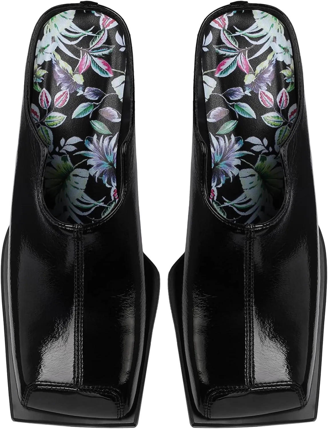 Women's Black Patent Leather Mule Sandals Square Toe Slip-On with 2 Inch Chunky Block Heel | Cushioned Comfort Dress Shoes for Work & Evening