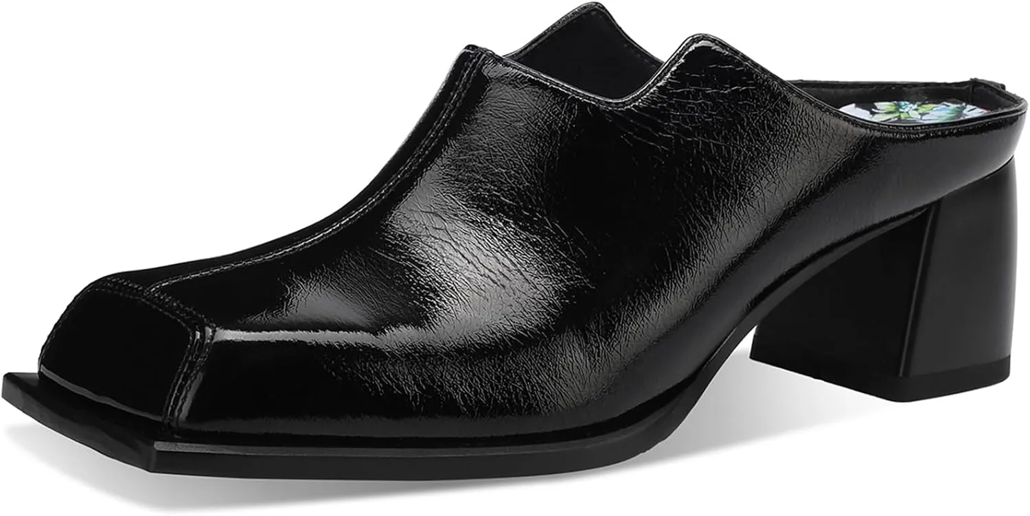 Women's Black Patent Leather Mule Sandals Square Toe Slip-On with 2 Inch Chunky Block Heel | Cushioned Comfort Dress Shoes for Work & Evening